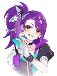 Rule 34 | 1girl, black choker, bracelet, cheek pull, choker, chuu0105, cropped torso, earrings, fingerless gloves, gloves, hand up, heart, heart choker, jacket, jewelry, korean text, long hair, looking at viewer, open clothes, open jacket, open mouth, pretty series, pripara, puffy short sleeves, puffy sleeves, purple hair, short sleeves, side ponytail, simple background, solo, sweatdrop, toudou shion, upper body, white background, white gloves, yellow eyes