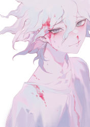 Rule 34 | 1boy, blood, blood on clothes, blood on face, closed mouth, collarbone, commentary request, danganronpa (series), danganronpa 2: goodbye despair, grey eyes, grey hair, highres, komaeda nagito, looking at viewer, male focus, messy hair, pink blood, portrait, shirt, simple background, smile, solo, sweat, upper body, white background, white shirt, xiwang xintu