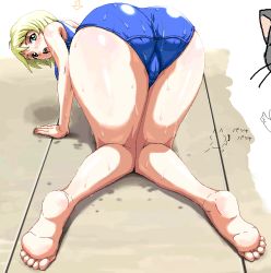 Rule 34 | 00s, 1girl, arrow (symbol), ass, barefoot, bent over, blonde hair, blue one-piece swimsuit, erstin ho, feet, garderobe swimsuit, huge ass, legs, looking at viewer, looking back, my-otome, nigou, oekaki, one-piece swimsuit, open mouth, school swimsuit, soles, solo, swimsuit, thighs, toes, top-down bottom-up, trefoil, wet