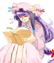 Rule 34 | 1girl, absurdres, blunt bangs, book, claudia kitaku, clenched teeth, closed eyes, crescent, crescent hat ornament, dress, feet out of frame, flying sweatdrops, hair ribbon, hat, hat ornament, highres, holding, holding book, long hair, mob cap, patchouli knowledge, pink dress, purple hair, ribbon, sitting, sneezing, snot, solo, swept bangs, teeth, touhou, tress ribbon, v-shaped eyebrows, very long hair