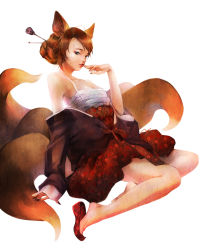 Rule 34 | 1girl, ahoge, ahri (league of legends), alternate eye color, alternate hair color, alternate hairstyle, animal ears, aqua eyes, backlighting, bad id, bad pixiv id, bare shoulders, barefoot, breasts, brown hair, cleavage, dynasty ahri, facial mark, feet, fingernails, floral print, fox ears, fox tail, from side, full body, hair bun, hair ornament, hair stick, hanbok, hand to own mouth, korean clothes, league of legends, long fingernails, looking at viewer, medium breasts, multiple tails, nadri, nail polish, off shoulder, official alternate costume, shoe dangle, shoes, simple background, single hair bun, single shoe, sitting, sleeves past wrists, slippers, solo, tail, whisker markings, white background