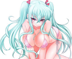 Rule 34 | 1girl, all fours, ayano rena, bikini, breasts, character request, covered erect nipples, green hair, large breasts, long hair, original, pink bikini, red eyes, seductive smile, side-tie bikini bottom, simple background, smile, solo, swimsuit, tsurime, twintails, white background