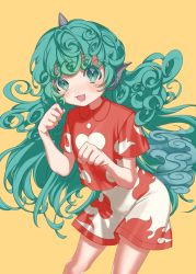 Rule 34 | 1girl, :3, :d, blush, breasts, cloud print, collared shirt, cowboy shot, curly hair, e sdss, fang, feet out of frame, gradient background, green eyes, green hair, highres, horns, komano aunn, long hair, looking at viewer, nose blush, open mouth, orange background, paw pose, red shirt, shirt, short sleeves, shorts, simple background, single horn, small breasts, smile, solo, touhou, very long hair, white shorts, yellow background