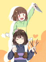 Rule 34 | 2others, arm up, blue sweater, blush stickers, brown footwear, brown hair, chara (undertale), chinese commentary, closed eyes, closed mouth, commentary request, frisk (undertale), green sweater, hand on another&#039;s head, hand up, hands up, heart, highres, holding, holding knife, holding stick, knife, long sleeves, multiple others, onion oni, open mouth, orange background, puffy long sleeves, puffy sleeves, red eyes, shadow, shoes, short hair, single stripe, smile, socks, standing, stick, striped clothes, striped sweater, sweater, teeth, tongue, turtleneck, turtleneck sweater, undertale, white socks, yellow background