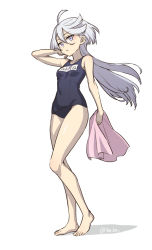 Rule 34 | 1girl, ahoge, barefoot, blue one-piece swimsuit, breasts, closed mouth, expressionless, full body, grey eyes, grey hair, gundam, gundam suisei no majo, hair between eyes, hand up, heebee, holding, holding towel, long hair, looking at viewer, miorine rembran, old school swimsuit, one-piece swimsuit, school swimsuit, shadow, simple background, small breasts, solo, standing, swimsuit, toes, towel, twitter username, white background