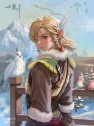 Rule 34 | 1boy, artist name, bird, blonde hair, blue eyes, brown coat, coat, dated, dragon, fur-trimmed coat, fur trim, hair ribbon, highres, link, looking at viewer, low ponytail, male focus, mountain, nintendo, outdoors, parted lips, pointy ears, ribbon, sidelocks, snow, solo, tehwi, the legend of zelda, the legend of zelda: tears of the kingdom, winter, winter clothes