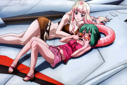 00s 2girls absurdres adjusting_eyewear belt blonde_hair blue_eyes breasts camisole cleavage covered_erect_nipples crop_top flat_chest from_above glasses green_hair highres innertube large_breasts legs lying macross macross_frontier midriff miniskirt multiple_girls on_back on_side ranka_lee red_eyes sandals saotome_alto sheryl_nome skirt small_breasts smile sunglasses swim_ring yokota_mamoru