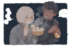 2boys black_eyes black_hair blue_background blue_eyes border can chopsticks curly_hair dark-skinned_male dark_skin drink_can dungeon_meshi eating elf food grey_hair highres holding holding_can holding_chopsticks holding_food jacket kabru long_sleeves male_focus mithrun multiple_boys oden open_mouth pointy_ears shirt short_hair simple_background speech_bubble steam thought_bubble tktaoi2 upper_body white_border