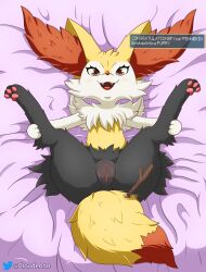 Rule 34 | 1girl, :3, absurdres, animal ear fluff, animal ears, animal feet, animal hands, animal nose, artist name, bad id, bad pixiv id, bed sheet, black fur, blush, body fur, braixen, censored, cleft of venus, clitoris, cloudeon, creatures (company), english text, fake censor, fangs, feet, female focus, flat chest, fox ears, fox tail, from above, full body, furry, furry female, game freak, gen 6 pokemon, happy, highres, legs, legs up, looking at viewer, lying, mosaic censoring, multicolored fur, neck fur, nintendo, on back, open mouth, pawpads, pokemon, pokemon (creature), presenting, purple background, pussy, red eyes, smile, snout, solo, spread legs, stick, straight-on, tail, thighs, twitter logo, twitter username, uncensored, watermark, white fur, yellow fur