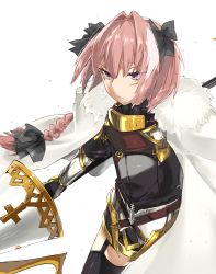 Rule 34 | 1boy, astolfo (fate), black bow, blood, blood on face, bow, braid, fate/apocrypha, fate/grand order, fate (series), garter straps, hair intakes, hair ribbon, highres, kei (soundcross), lance, male focus, multicolored hair, pink hair, polearm, purple eyes, ribbon, single braid, streaked hair, weapon