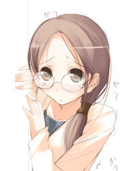Rule 34 | 1girl, brown hair, glasses, jirou (chekoro), peeking out, ponytail, solo, trembling