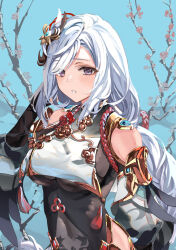 Rule 34 | 1girl, black gloves, blush, bodysuit, braid, breasts, clothing cutout, covered navel, elbow gloves, genshin impact, gloves, gold trim, hair ornament, hair over one eye, highres, hip vent, large breasts, long hair, long sleeves, looking at viewer, low-braided long hair, low-tied long hair, parted lips, partially fingerless gloves, puffy long sleeves, puffy sleeves, purple eyes, shenhe (genshin impact), shoulder cutout, solo, tabard, tassel, temir, very long hair, white hair