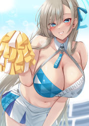 Rule 34 | 1girl, absurdres, alternate costume, asuna (blue archive), bare shoulders, blue archive, blue eyes, blush, breasts, cheerleader, cleavage, cosplay, detached collar, grey hair, hair ornament, halo, hibiki (blue archive), highres, large breasts, long hair, looking at viewer, nanohana (november.), navel, parted lips, pom pom (cheerleading), skirt, smile, solo