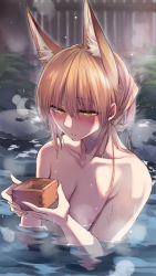 Rule 34 | 1girl, ahoge, animal ears, bathing, blonde hair, blurry, blush, breasts, depth of field, drunk, ear blush, folded hair, fox ears, fox girl, highres, large breasts, long hair, looking down, nude, onsen, original, outdoors, parted lips, partially submerged, sitting, solo, water, yellow eyes, yukibuster z