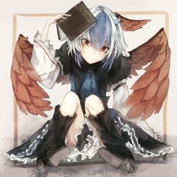 Rule 34 | 1girl, arm garter, arm up, black footwear, black skirt, blue hair, book, boots, closed mouth, commentary request, feathered wings, frilled boots, frilled skirt, frills, full body, head tilt, head wings, high heel boots, high heels, highres, holding, holding book, horns, knee boots, long sleeves, looking at viewer, multicolored hair, outside border, red eyes, red wings, safutsuguon, short hair, silver hair, single head wing, sitting, skirt, solo, tokiko (touhou), touhou, two-tone hair, wide sleeves, wings