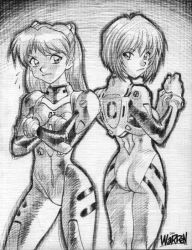 Rule 34 | 2girls, ass, ayanami rei, back, crossed arms, embarrassed, greyscale, long hair, looking back, monochrome, multiple girls, neon genesis evangelion, non-web source, plugsuit, short hair, sketch, souryuu asuka langley, traditional media