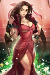 Rule 34 | 1girl, aerith gainsborough, bangle, basket, bracelet, braid, braided ponytail, breasts, brown hair, buttons, cleavage, collarbone, cowboy shot, cropped jacket, dress, falling petals, final fantasy, final fantasy vii, flower, flower basket, green eyes, hair ribbon, hand on own hip, highres, holding, holding basket, ja mong, jacket, jewelry, large breasts, long dress, long hair, looking at viewer, panties, pantyshot, parted bangs, petals, pink dress, pink ribbon, red jacket, ribbon, short sleeves, sidelocks, solo, square enix, standing, underwear, wavy hair, white panties, yellow flower