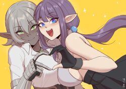 Rule 34 | 2girls, absurdres, black gloves, blue eyes, blush, breasts, closed mouth, collared shirt, commentary, dark-skinned female, dark elf, dark skin, elf, english commentary, gloves, green eyes, grey hair, heart, heart hands, heart hands duo, highres, large breasts, looking at viewer, low twintails, mawaridi, multiple girls, open mouth, original, partially fingerless gloves, pointy ears, purple hair, shirt, short hair, sideboob, slit pupils, smile, teeth, twintails, upper teeth only, white shirt, yvonne (mawaridi)
