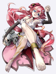 Rule 34 | 1girl, arm up, bare shoulders, barefoot, blue eyes, breasts, bridal gauntlets, cleavage, duel monster, flower, full body, hair flower, hair ornament, highres, long hair, looking at viewer, medium breasts, navel, open mouth, pointy ears, red hair, sitting, skull, smile, solo, traptrix rafflesia, very long hair, yu-gi-oh!, yukitaka (zzzzz)