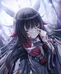 Rule 34 | 1girl, adjusting mask, blood, blood on clothes, blood on face, blunt bangs, bow, closed eyes, closed mouth, columbina (genshin impact), fur trim, genshin impact, hair ornament, highres, hime cut, jacket, long hair, pink hair, sidelocks, smile, solo, suoniko, white bow, white jacket