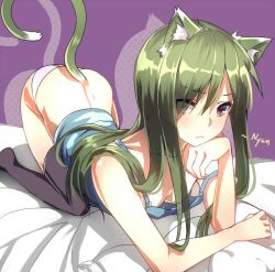 Rule 34 | 1girl, aki663, animal ears, arched back, black thighhighs, cat ears, cat tail, downblouse, eyes visible through hair, frown, green hair, head rest, kagerou project, kido tsubomi, long hair, no bra, panties, purple background, solo, strap slip, tail, thighhighs, top-down bottom-up, underwear