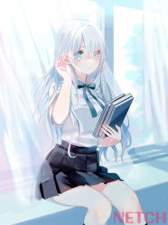 Rule 34 | 1girl, black skirt, black socks, blue bow, blue eyes, blush, book, book stack, bow, breasts, collared shirt, commentary request, curtains, dress shirt, eyes visible through hair, feet out of frame, hair over one eye, tucking hair, hand up, highres, holding, holding book, medium breasts, misumi (macaroni), original, parted lips, pleated skirt, shirt, sitting in window, skirt, socks, solo, transparent, white hair, white shirt, window