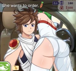 Rule 34 | 1boy, 1girl, ass, ass focus, bare shoulders, blue eyes, brown hair, car interior, car seat, carrot, closed mouth, dress, english text, fake phone screenshot, fake screenshot, from behind, gluteal fold, green hair, he wants to order (meme), highres, kid icarus, kid icarus uprising, lepypepy, meme, nintendo, palutena, patreon username, pit (kid icarus), shoulder blades, skindentation, snapchat, sweatdrop, thick thighs, thighhighs, thighs, user interface, watermark, web address, white dress, white thighhighs