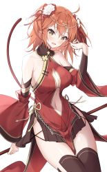 Rule 34 | 1girl, ahoge, bare shoulders, breasts, brown thighhighs, chinese clothes, cleavage, fate/grand order, fate (series), fujimaru ritsuka (female), highres, looking at viewer, one side up, open mouth, orange eyes, orange hair, pelvic curtain, pttyr, ruyi jingu bang, short hair, smile, solo, sun wukong, thighhighs, thighs