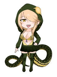 Rule 34 | 10s, 1girl, anaconda, bikini, bikini top only, blonde hair, breasts, center opening, character request, chibi, cleavage, collarbone, commentary, cowfee, drawstring, fangs, full body, green anaconda, green skirt, green thighhighs, hair over one eye, hand on own hip, highres, hood, kemono friends, long hair, looking at viewer, medium breasts, navel, open mouth, otakuevangelist, pleated skirt, simple background, skirt, snake tail, solo, swimsuit, tail, teeth, thighhighs, tongue, tongue out, white background, yellow eyes, zettai ryouiki