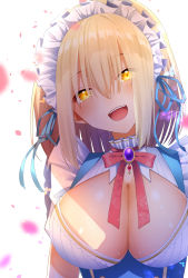 Rule 34 | 1girl, blonde hair, blue dress, blue ribbon, breasts, brooch, cleavage, cleavage cutout, clothing cutout, commentary request, dress, head tilt, highres, jewelry, large breasts, maid, maid headdress, mugetsu (touhou), open mouth, puffy short sleeves, puffy sleeves, red ribbon, ribbon, sea scorpion (umisasori), short sleeves, simple background, teeth, touhou, touhou (pc-98), upper body, upper teeth only, white background, yellow eyes