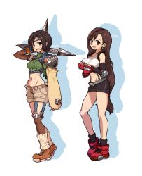 Rule 34 | 2girls, arm up, bare shoulders, belt, black hair, black skirt, black socks, boots, breasts, brown eyes, brown footwear, brown hair, brown shorts, character name, clenched hands, crop top, cropped sweater, earrings, elbow gloves, final fantasy, final fantasy vii, fingerless gloves, fishnets, full body, garter straps, gloves, groin, headband, jewelry, large breasts, legs, long hair, looking at viewer, low-tied long hair, medium breasts, midriff, miniskirt, multiple girls, navel, no panties, open mouth, red eyes, red footwear, red gloves, ribbed sweater, shirosu, shirt, short hair, shorts, shuriken, single fishnet legwear, single thighhigh, skirt, sleeveless, sleeveless turtleneck, smile, socks, suspender skirt, suspenders, sweater, tank top, taut clothes, taut shirt, taut skirt, thighhighs, tifa lockhart, turtleneck, turtleneck sweater, unbuttoned, weapon, white background, white tank top, yuffie kisaragi