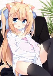 Rule 34 | 1girl, :d, absurdres, ahoge, animal ear fluff, animal ears, black thighhighs, blonde hair, blue bow, blue nails, blurry, blurry background, blush, bow, cat ears, cat girl, cat tail, collarbone, collared shirt, couch, depth of field, dress shirt, fake pregnancy, fang, fingernails, hair between eyes, hair bow, highres, indoors, knee up, long hair, long sleeves, mimura zaja, moneko-chan, nail polish, non-web source, on couch, open mouth, original, plant, shirt, sidelocks, sitting, sleeves past wrists, smile, solo, tail, thighhighs, two side up, very long hair, white shirt