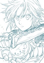 Rule 34 | 10s, 1boy, aqua theme, armor, artist name, bad id, bad pixiv id, blue theme, closed mouth, frown, gauntlets, greyscale, harumiya, holding, holding sword, holding weapon, looking at viewer, male focus, meliodas, monochrome, nanatsu no taizai, solo, sword, upper body, weapon