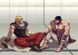 Rule 34 | 2boys, bara, bare pectorals, black hair, black shirt, blonde hair, blood, blood on face, bruise, bruised eye, capcom, covered abs, dougi, eye contact, facial hair, headband, injury, jacket, unworn jacket, ken masters, looking at another, male focus, mature male, multiple boys, muscular, muscular male, pants, pectorals, red pants, ryu (street fighter), sash, shirt, shoes, short hair, sitting, street fighter, street fighter 6, stubble, tight clothes, tight shirt, yuiofire