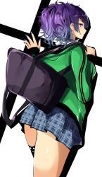 Rule 34 | 1girl, absurdres, agetama, bag, commentary request, diagonal bangs, earrings, from behind, garter straps, green jacket, highres, holding, holding bag, idolmaster, idolmaster shiny colors, jacket, jewelry, legs, lipstick, looking at viewer, looking back, makeup, miniskirt, nail polish, plaid, plaid skirt, pleated skirt, purple eyes, purple hair, purple lips, purple nails, school bag, school uniform, shirt, short twintails, skirt, solo, tanaka mamimi, thigh strap, twintails
