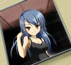Rule 34 | 1girl, bare shoulders, blue hair, blush, breasts, female focus, indoors, large breasts, long hair, regdic, smirk, solo, spaghetti strap, window