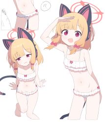Rule 34 | 1boy, 1girl, ?, absurdres, alternate costume, animal ear headphones, animal ears, arm support, doodle sensei (blue archive), averting eyes, bikini, blonde hair, blue archive, blunt bangs, bow, bow bikini, breasts, cat ear headphones, cat ears, cat tail, commentary, cropped legs, fake animal ears, fake tail, frilled bikini, frills, hagoonha, hair bow, halo, headphones, highres, invisible chair, looking at viewer, low-tied sidelocks, momoi (blue archive), multiple views, navel, open mouth, parted lips, pink bow, pink eyes, pink halo, sensei (blue archive), shading eyes, short hair, sitting, small breasts, spoken question mark, stomach, swimsuit, tail, white bikini