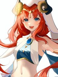 Rule 34 | 1girl, blue eyes, blue gemstone, breasts, fake horns, felicia8, gem, genshin impact, gold trim, harem outfit, highres, horns, jewelry, long hair, looking at viewer, low twintails, medium breasts, navel, neck ring, nilou (genshin impact), open mouth, parted bangs, red hair, sidelocks, simple background, solo, stomach, twintails, upper body, white background, white headdress, white veil