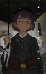 Rule 34 | 1girl, absurdres, antlers, black hat, brown hair, closed mouth, coat, glasses, hat, highres, holding, holding umbrella, horns, looking at viewer, original, polilla, pouch, short hair, solo, umbrella, yellow eyes