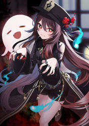 Rule 34 | 1girl, absurdres, bead bracelet, beads, black nails, black shorts, bracelet, brown hair, claw pose, closed eyes, fang, fingernails, flower, flower-shaped pupils, genshin impact, hat, highres, hu tao (genshin impact), jewelry, kanjyu0919, long hair, long sleeves, looking at viewer, nail polish, open mouth, red eyes, red flower, short shorts, shorts, smile, symbol-shaped pupils, tailcoat, wide sleeves