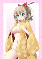 Rule 34 | 10s, 1girl, blue eyes, blush, bow, breasts, brown hair, cleavage, commentary request, drill hair, floral print, hair bow, hakama, hakama skirt, hatakaze (kancolle), ichimi, japanese clothes, kantai collection, kimono, light brown hair, medium breasts, meiji schoolgirl uniform, navel, no bra, no panties, open mouth, ponytail, skirt, solo, sweatdrop, wide sleeves, yellow kimono