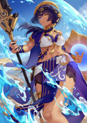 Rule 34 | 1girl, bare shoulders, blue eyes, breasts, candace (genshin impact), closed mouth, cross, eye of horus, genshin impact, hair between eyes, hair ornament, heterochromia, highres, holding, holding polearm, holding weapon, jewelry, large breasts, looking away, medium breasts, medium hair, midriff, navel, polearm, shield, skirt, solo, spear, stomach, thick thighs, thighs, water, weapon, yagi2013