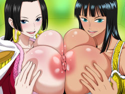 Rule 34 | 2girls, black hair, blue eyes, blush, boa hancock, breast press, breasts, breasts out, breasts squeezed together, earrings, gigantic breasts, happy, highres, hime cut, jewelry, large areolae, long hair, looking at viewer, multiple girls, nico robin, nipples, no bra, one piece, open mouth, shiny skin, simple background, smile