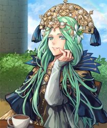 Rule 34 | 1girl, blue capelet, capelet, chair, cloud, commentary, crown, cup, day, dress, english commentary, fingernails, fire emblem, fire emblem: three houses, flower, forehead, green eyes, green hair, hair flower, hair ornament, hand on own face, jewelry, jin (phoenixpear), lips, long hair, long sleeves, looking at viewer, nintendo, outdoors, parted bangs, parted lips, pink lips, plant, rhea (fire emblem), sitting, sky, smile, solo, table, teacup, teeth, tiara, very long hair, white dress, white flower