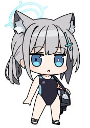 Rule 34 | 1girl, :o, animal ear fluff, animal ears, bag, bare arms, bare shoulders, bell (oppore coppore), black footwear, black one-piece swimsuit, blue archive, blue eyes, breasts, chibi, collarbone, commentary request, earrings, full body, grey hair, hair ornament, halo, jewelry, long hair, looking at viewer, one-piece swimsuit, parted lips, ponytail, sandals, shiroko (blue archive), shiroko (swimsuit) (blue archive), sidelocks, small breasts, solo, standing, stud earrings, swimsuit