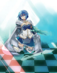 10s 1girl blue_eyes blue_hair cape checkered_floor female_focus floor gloves highres kneeling magical_girl mahou_shoujo_madoka_magica mahou_shoujo_madoka_magica_(anime) matching_hair/eyes md5_mismatch miki_sayaka miki_sayaka_(magical_girl) morinokuma resolution_mismatch short_hair solo source_smaller thighhighs white_gloves white_thighhighs