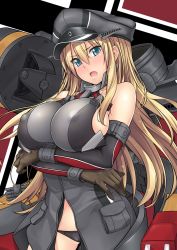 Rule 34 | 10s, 1girl, bare shoulders, bismarck (kancolle), blonde hair, blue eyes, blush, breast hold, breasts, detached sleeves, covered erect nipples, female focus, gloves, hat, highres, kantai collection, large breasts, long hair, mecha musume, military, military hat, military uniform, open mouth, peaked cap, revision, satou samu, solo, striped, striped background, underwear, uniform