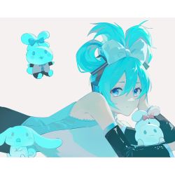 Rule 34 | 1girl, aqua hair, aqua theme, bare shoulders, black sleeves, blue eyes, bow, bow-shaped hair, cinnamiku, detached sleeves, ear bow, grey background, hair between eyes, hair bow, hair ornament, hand on own cheek, hand on own face, hatsune miku, highres, letterboxed, long sleeves, looking at viewer, lying, on stomach, sanrio, shirt, sleeveless, sleeveless shirt, upper body, vocaloid, white footwear, zzz zhi he