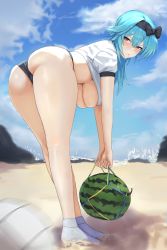 Rule 34 | 1girl, absurdres, ass, ass focus, ball, beach, bent over, black bow, blouse, blue hair, blue sky, blurry, blush, bow, breasts, buruma, closed mouth, cloud, crop top, depth of field, dolri, dripping, eula (genshin impact), food, fruit, full body, genshin impact, gym uniform, hair bow, highres, holding, holding food, holding fruit, large breasts, legs, long hair, outdoors, shirt, sky, socks, solo, sweat, thighs, underboob, v-shaped eyes, volleyball, volleyball (object), water, watermelon, white shirt, yellow eyes