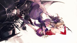 Rule 34 | 1girl, bare shoulders, blonde hair, boots, breasts, cape, detached sleeves, dress, final fantasy, final fantasy vi, floral print, full body, hair ribbon, high heel boots, high heels, holding, holding sword, holding weapon, long hair, magitek armor, medium breasts, pantyhose, ponytail, purple eyes, purple ribbon, red dress, red footwear, ribbon, solo, strapless, strapless dress, sword, tina branford, tube dress, waist sash, wavy hair, weapon, white background, yasushi hasegawa
